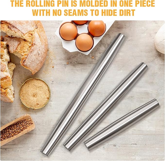 AMUZHI Smooth Seamless Stainless Steel Rolling Pin, 12.8Inch | Easy to clean food grade metal, ideal for daily pizza, pie, pasta, dumpling and cookie dough household baking