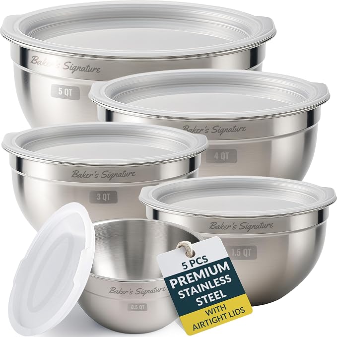 Stainless Steel Mixing Bowls with Lids Set of 5, Nesting Metal, 0.5-5 Qt | Mirror-finish interior, dishwasher safe & BPA-free; stack for food prep, cooking, storage & serving