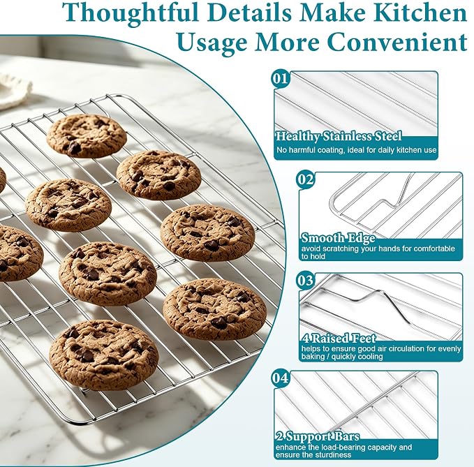 TeamFar Cooling Racks for Baking, 15.3/11.6/9.8/8.7 Inch Stainless Steel Wire Rack for Cooking Roasting, Fits Baking Sheet Pans, Healthy & Firmly Welding, Oven & Dishwasher Safe