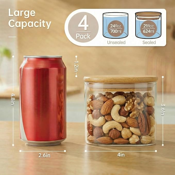 21 oz Square Glass Food Storage Containers with Airtight Bamboo Lids, 4Pack | Pantry Jars for Flour, Sugar, Pasta & Spices, Durable Borosilicate Glass Canister Keep Food Dry & Fresh, Easy to Fill & Clean