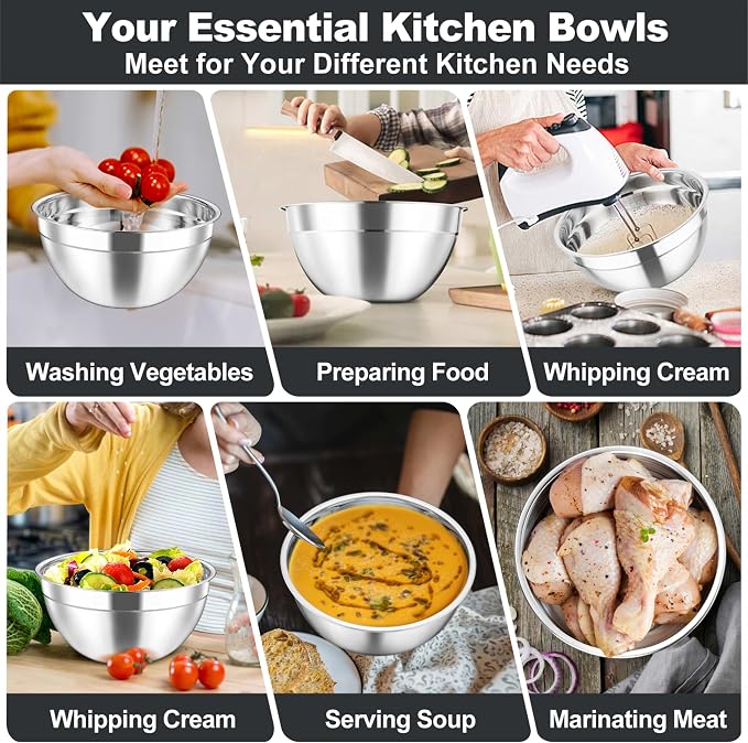 TeamFar Mixing Bowls Set, Stainless Steel Salad Bowl with Lids, Black | 4.5/3/1.5/1/0.7 QT, Metal Nesting Bowls with Visible Airtight Lids, For Serving/ Mixing/ Storing, Dishwasher Safe, Set of 5