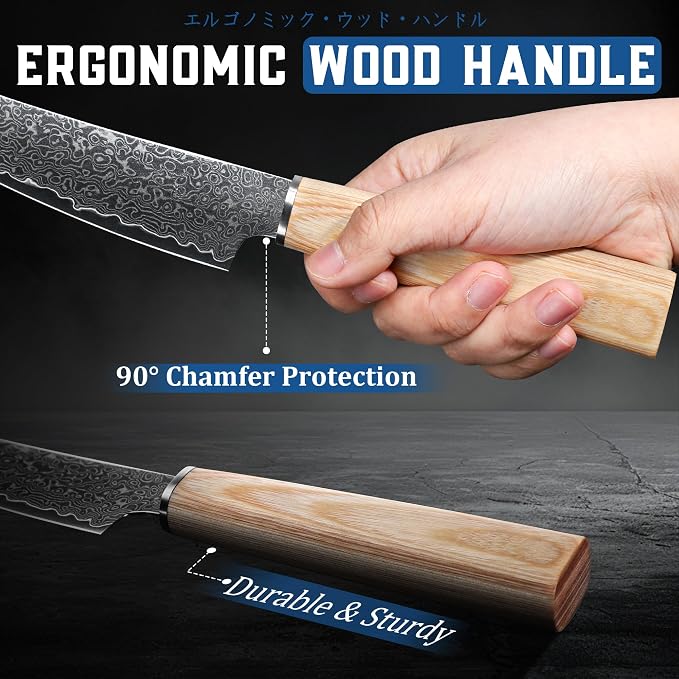 ROCOCO Damascus Japanese Utility Knife - Sharp Fruit Paring Knives Meat Cleaver for Home Kitchen BBQ 5.3"