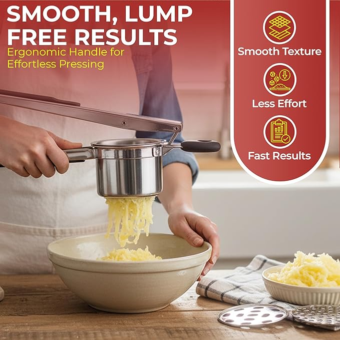 Large Potato Ricer – 304 Stainless Steel Masher & Press with 3 Discs, Reinforced 0.7mm Thick Cup, Ergonomic Silicone Grip, for Smooth & Fluffy Mashed Potatoes