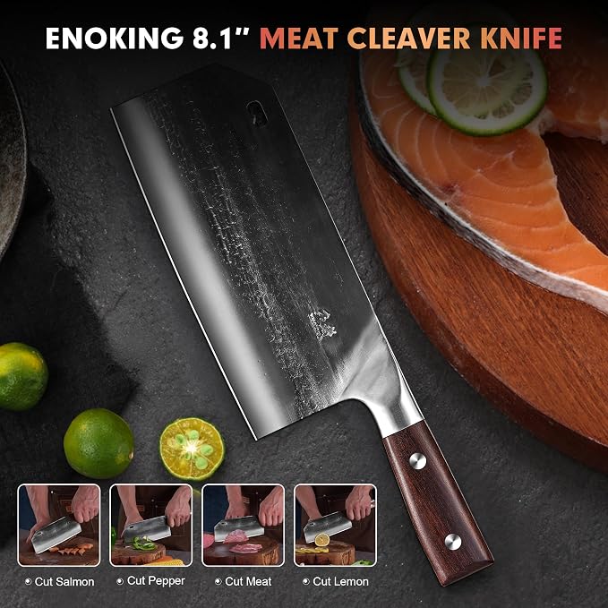 ENOKING 8.1″ Hand Forged Serbian Cleaver & Chef’s Knife – High Carbon Stainless Steel Butcher Knife with Full Tang for Kitchen & Outdoor
