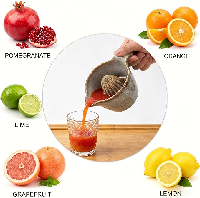 4 inch Ceramic Lemon Squeezer - Manual Citrus Juicer with Handle and Easy Pour Spout for Lemon, Orange, Lime&Grapefruit -Easy to Clean Hand Press Juicer,Microwave & Dishwasher Safe,Lead-Free (Gray)