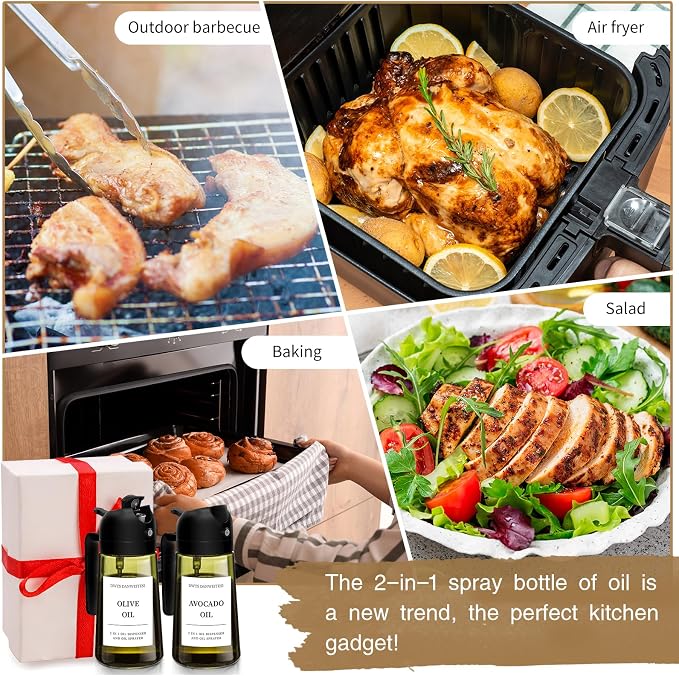 DWTS DANWEITESI Oil Sprayer for Cooking 2pcs,2 in 1 Oil Dispenser and Oil Sprayer Kitchen Gadgets,16oz Dark Green Glass Oil Spray Bottle(Light Blockage),Perfect Kitchen Accessories