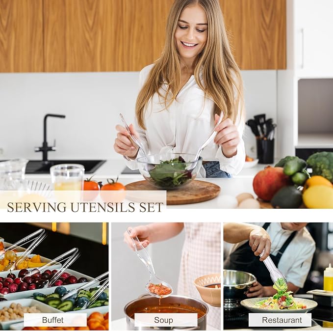 Mwellewm 48Pcs Plastic Serving Utensils Disposable Serving Spoons for Buffet Clear Forks Serving Tongs 8.5'' Heavy Duty Large Party Utensils Supplies for Restaurant Food Dinner Salad Noodles Soup