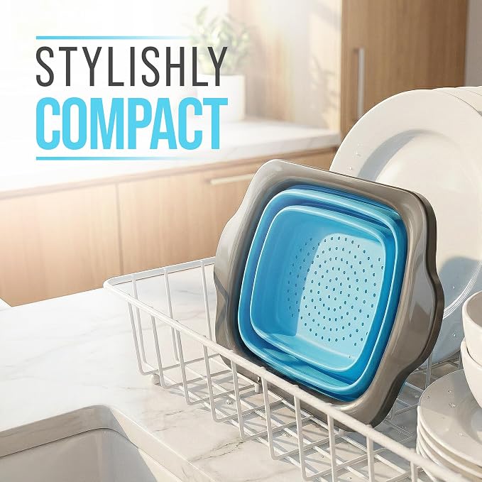 Comfify Blue XL Collapsible Silicone Over Sink Colander – 6 Quart | Blue; extends 25" to span sink; both hands free; collapses flat; 6 Qt; heat resistant 176F; pasta, veg, fruit