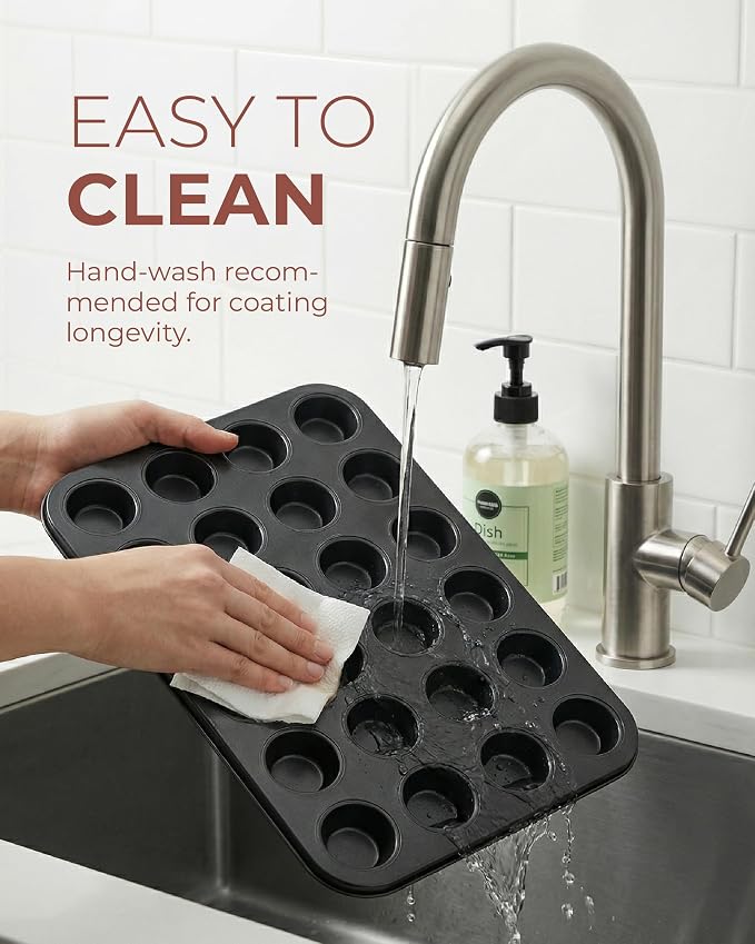 CARTMAN 24-Cup Mini Muffin Pan, Nonstick Carbon Steel Mini Cupcake Tin | Includes 200 paper liners, 24-cup nonstick carbon steel, oven safe 450°F, ideal for egg bites, mini cupcakes & brownies