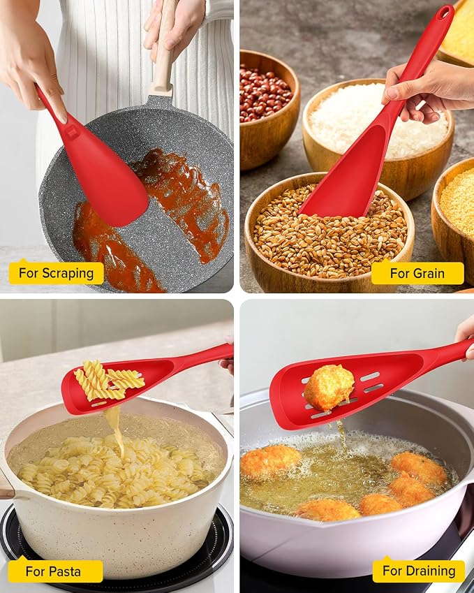 Pack of 2 Cooking Spoons for Non Stick Cookware, Multifunction Spatula Spoon BPA-Free, One-Piece Design, Suitable for Scooping, Scraping, Serving and Mixing (RED)