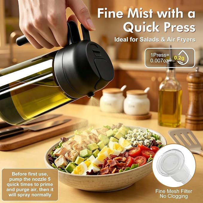 Poshetion 2 in 1 Olive Oil Sprayer for Cooking, 16oz Light-Proof Oil Dispenser for Kitchen, Leak-Proof Oil Spray Bottle for Air Fryer, Salad, BBQ, Baking, Grilling - Black
