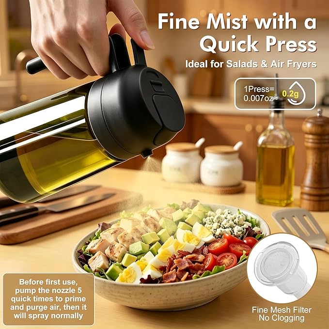 Poshetion 2 in 1 Olive Oil Sprayer for Cooking, 16oz Light-Proof Oil Dispenser for Kitchen, Leak-Proof Oil Spray Bottle for Air Fryer, Salad, BBQ, Baking, Grilling - Black & Black