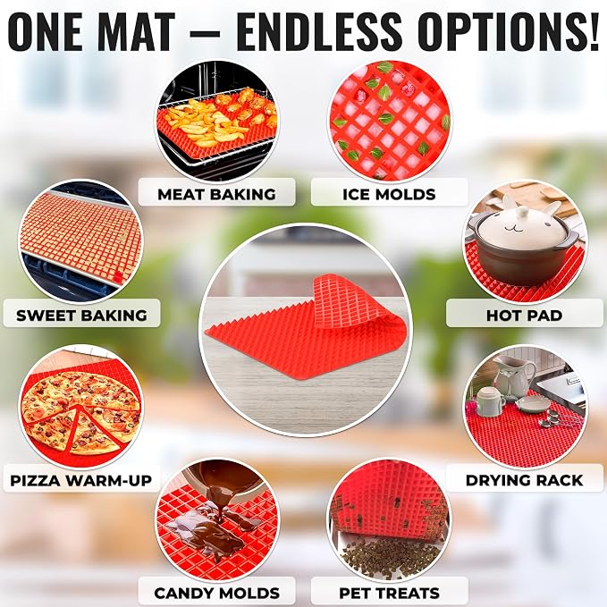 Silicone Pyramid Baking Mat, 16 x 11.42 in, Heat-Resistant (Red) | Pyramid Pan Silicone Baking Mat; Air Circulation Design; Flexible; Non-Slip; Dishwasher Safe; for Cooking, Roasting, and BBQ