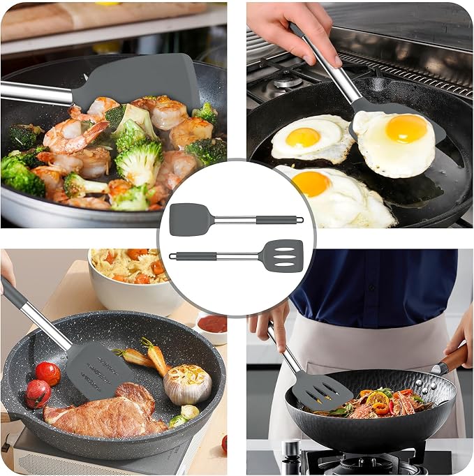 TeamFar Kitchen Utensils, 4PCS Heat-proof Silicone Cooking Utensils Set Slotted Spatula Solid Turner Spoon with Stainless Steel Handle, for Non-stick Cookware Flipping, Frying, Draining – Gray