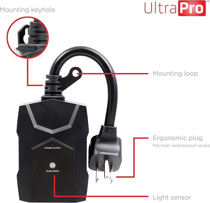 UltraPro Outdoor Dusk to Dawn Outlet Timer, Weather‑Resistant Light Sensor Plug, Single Outlet Automatic Lighting Control, Seasonal & Landscape Lights, 2 Pack, Black, 71069