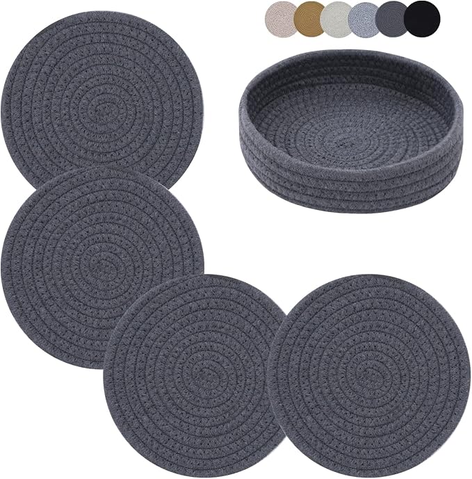 Coga Trivets for Hot Dishes, 4 Pack 7 Inch Cotton Hot Pads for Kitchen with Storage Basket, Round Pot Holders for Kitchen, Heat Resistant Mats for Countertop, Pots and Pans, Farmhouse Decor, Grey