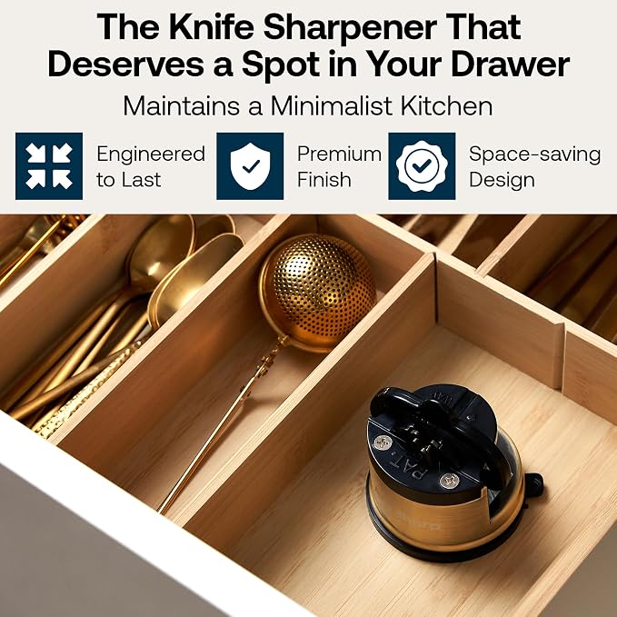 AnySharp – Chef – Hands Free Knife Sharpener - Easy to Use Sharpening Tool with PowerGrip Suction Base and 20-Degree Pre-Set Angle - for All Knives: Chef's, Serrated, and Hardened Steel - Brass