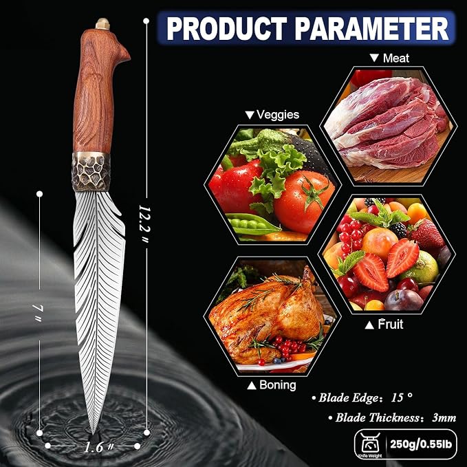 ROCOCO Feather Viking Knife Japanese Forged in Fire Boning Knife Fancy Kitchen Cleaver with Sheath Outdoor Camping BBQ Collection Birthday Thanksgiving Christmas Father Mother Gift 7"