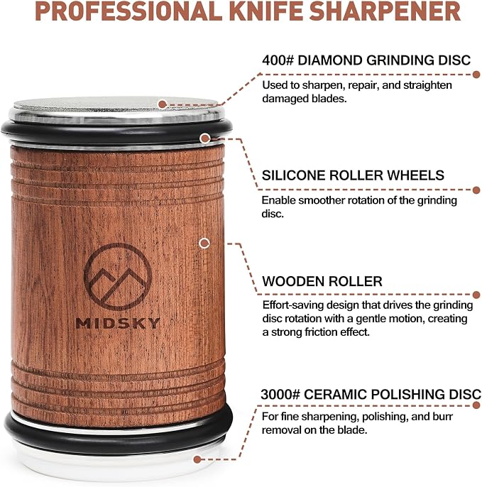 MIDSKY Rolling Knife Sharpener Kit, Professional Roller Sharpening System Tool with Diamond & Ceramic Discs, Magnetic Angle Offers 15 & 20 Degrees Sharpening, for Kitchen Chef Knives