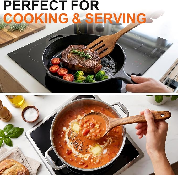 5 Pcs Best Wooden Spoons for Cooking Kitchen Utensils Set Acacia Wood Cooking Spatula Turner Non Toxic Utensil Slotted Serving Spoon Flat Spatulas Set Wooden Utensis Mixing Cooking Spoon
