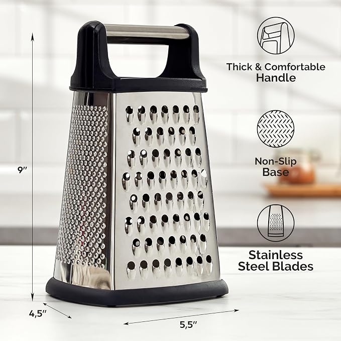 BASSWOOD Professional Cheese Grater, XL Size 4-Sided Stainless Steel Box Grater, Food Shredder for Cheese, Cheese Shredder - Cheese Grater with Handle - Graters for Kitchen Stainless Steel Food Grater