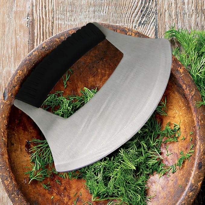 KAYCROWN Mezzaluna Knife Pizza Cutter Salad Chopper - Stainless Steel Sharp Rocker Ulu Knife with Protective Cover for Cutter Pizza, Meat, Vegetables, Herbs, Salad