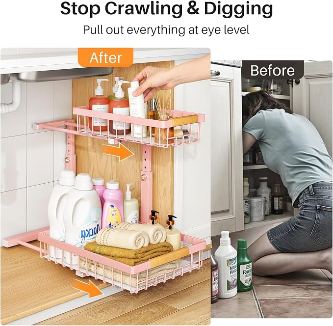 PXRACK Under Sink Organizer, Adjustable Height, 2 Tier Pull Out Under Cabinet Organizer, Slide Out Thickened Metal Under Sink Storage for Kitchen Bathroom Laundry Pantry Cabinet, Pink, Large-1-Pack