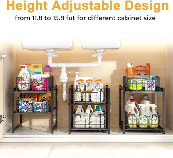 Under Sink Organizer, 2-Tier Pull Out Cabinet Organizer, Kitchen Bathroom Organizer and Storage, Spice Rack for Kitchen, Multi-use Sliding Drawers Shelves (1, Black)
