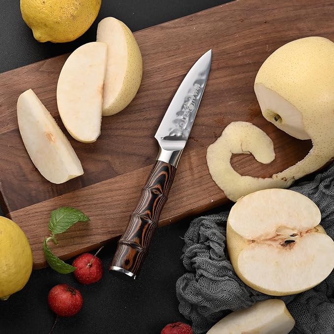 Kitory Paring Knife 3.5 Inch Kitchen Peeling Knife HC German Stainless Steel Hammered Ultra Sharp Blade Bamboo Shape Handle for Home Restaurant Gift