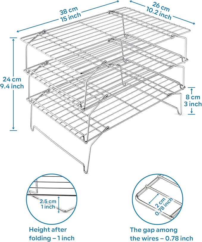 Leonyo 3-Tier 15x10IN Stackable Cooling Racks for Cooking Baking | Stainless Steel Wire Cooking Racks, Collapsible Cookies Cooling Racks for Pizza with Raised Legs, Dishwasher Safe