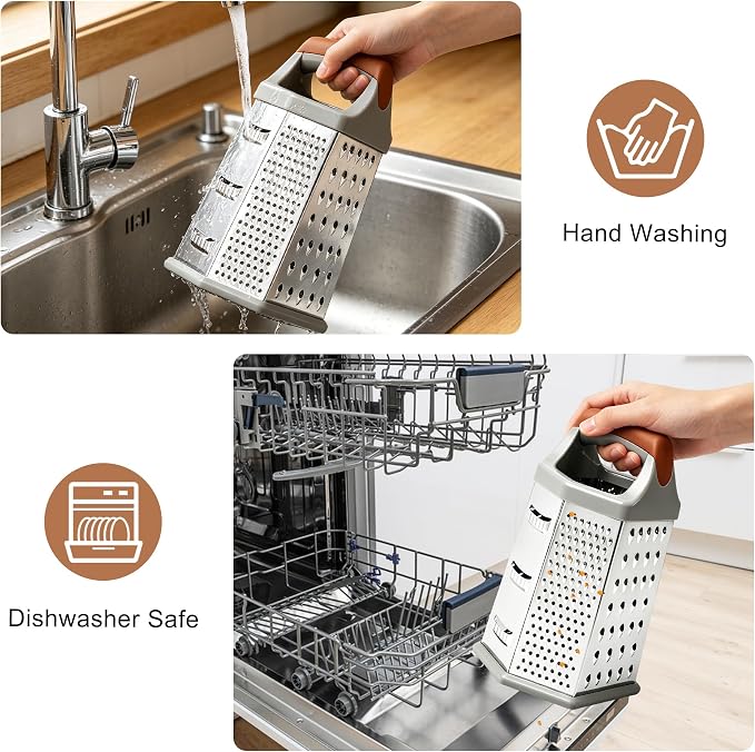 Box grater for kitchen 6 Sided - Cheese Graters Handheld, Stainless Steel Shredder for Food Vegetable Carrot Potato Tomato (Brown)