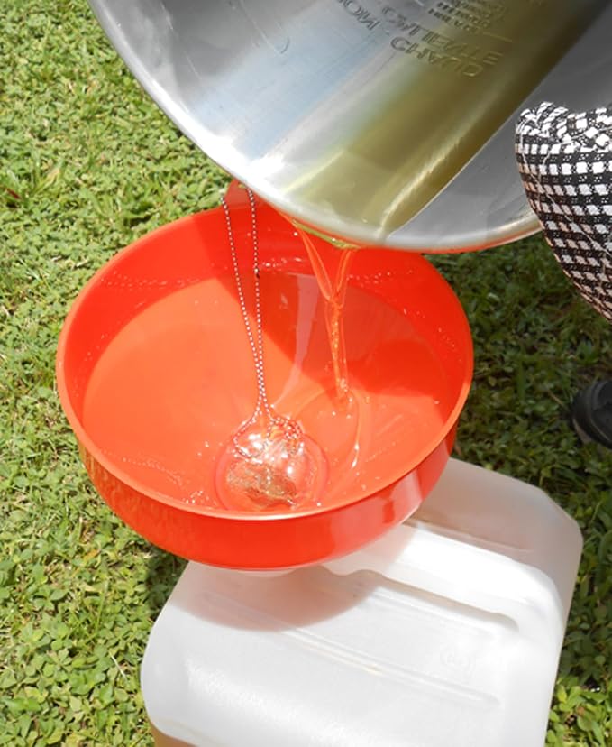 King Kooker 8" Plastic Cooking Oil Funnel with Attached Reusable Stainless Steel Mesh Filter, Multi