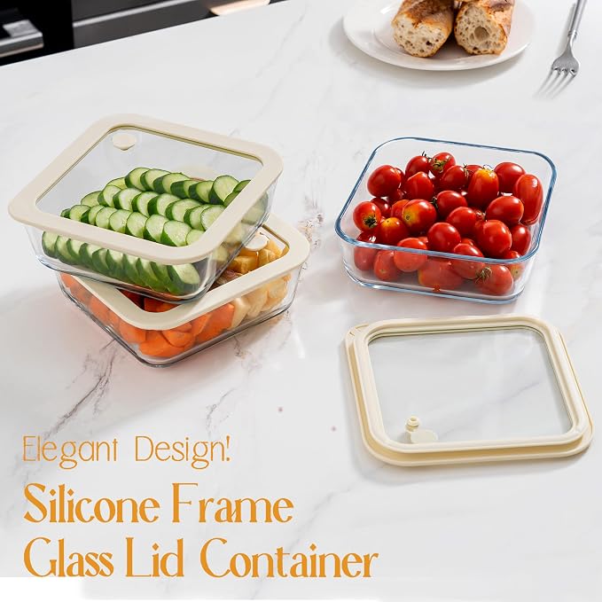 Glass Food Container Set with Glass Lid, 3 Pack, Food Storage Containers Set, Airtight, LeakProof, 100% Plastic Free, Meal Prep Containers (White Color)