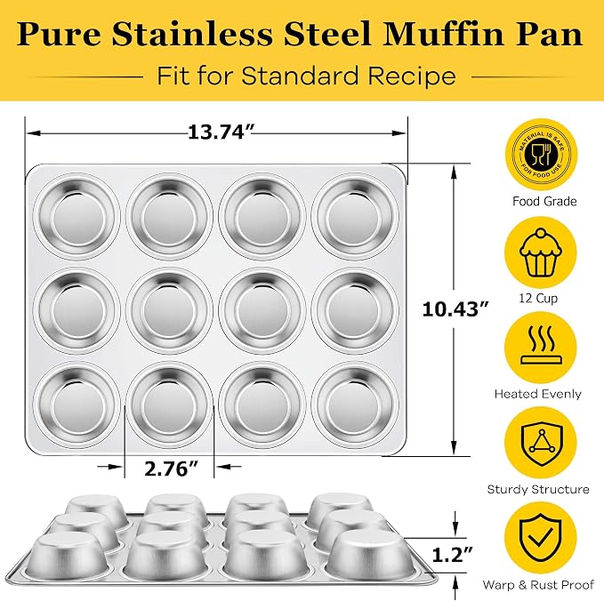 Homikit 3 Pack Muffin Pan, Stainless Steel Cupcake Tin with 12 Cups Regular Size, 13.8" x 10.4" Nonstick Metal Egg Bites Tray for Oven Baking, Non Toxic & Rust Free, Easy Release & Dishwasher Safe