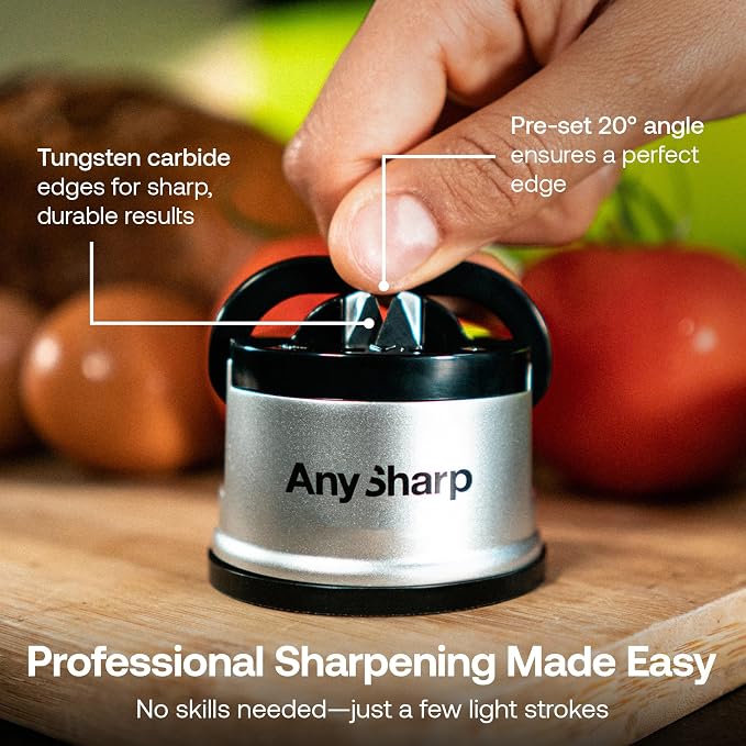 AnySharp – GLOBAL – Hands Free Knife Sharpener - Easy to Use Sharpening Tool with PowerGrip Suction Base and 20-Degree Pre-set Angle - For All Knives: Chef’s, Serrated, and Hardened Steel - Silver
