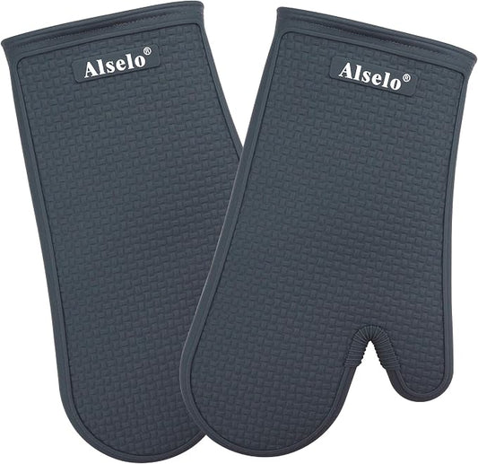Alselo Oven Mitts Heat Resistant Silicone Kitchen Gloves for 550 Degrees with Waterproof and Non-Silp, Set of 2 Oven Gloves for Baking Cooking Barbecue Microwave Machine Washable (Grey, 2)