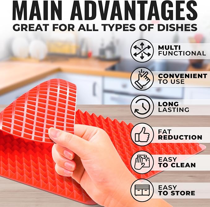 Silicone Pyramid Baking Mat, 16 x 11.42 in, Heat-Resistant (Red) | Pyramid Pan Silicone Baking Mat; Air Circulation Design; Flexible; Non-Slip; Dishwasher Safe; for Cooking, Roasting, and BBQ