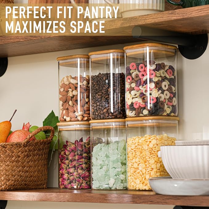 D2scrma 37oz Airtight Glass Square Storage Canister with Bamboo Lid Set of 4 (1100ml) Container Stackable Jar, Kitchen Canister for Pantry Noodles, Flour and Coffee beans (‎with Black Lable)