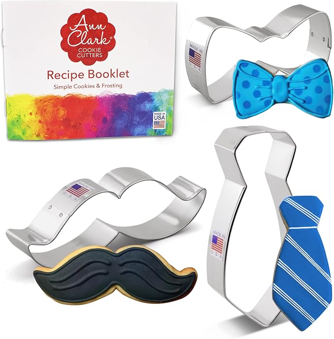 Ann Clark Little Man Father's Day Cookie Cutters 3-Pc Set, Made in USA, Bow Tie, Mustache, Necktie