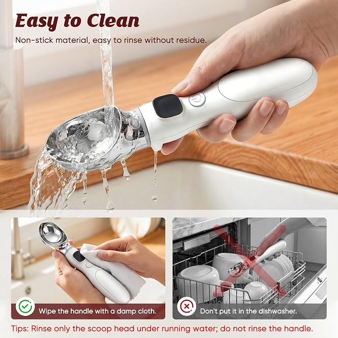 Heated Ice Cream Scoop, Rechargeable Electric Ice Cream Scoop with LED Display, 3 Heat Levels 122°F/140°F/158°F, Nonstick Ice Cream Scooper for Hard Ice Cream, Gelato, Frozen Yogurt & Sorbet (White)