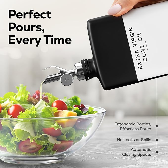 Black Glass Olive Oil Dispenser Bottle for Kitchen by Brighter Barns - Soy Sauce Dispenser, Coffee Syrup Bottle - Kitchen Decor for Restaurant, Airbnb, Coffee Bar Accessories (Black/Silver, Set of 2)