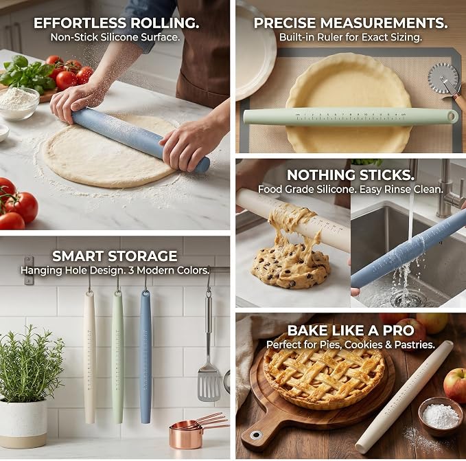 FOLAI 3-Piece Silicone Rolling Pin Set with Scale, 13.3 x 1.18 inch, Non-Stick Surface, Children's Rolling Pin, Children's Baking, for Cake Baking, Pizza, Fondant, Cookies