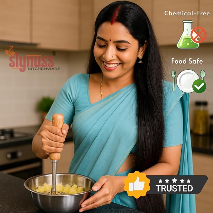 Slynuss ® | Potato Masher Stainless Steel | Pav Bhaji Smasher for Kitchen with Wooden Handle | Potato Smasher | kitchen utilities | Pack of 1| (Round-Size-3), 8.5 CM
