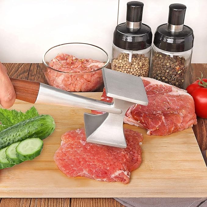 Meat Tenderizer Hammer Dual-Sided Meat Pounder Tool with Wooden Handle for Steak, Beef Poultry Mallet for Kitchen