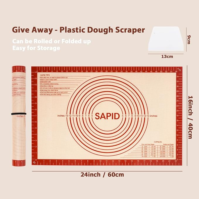 Sapid Extra Thick Silicone Pastry Mat Non-slip Baking Mat for Dough Rolling | Large With Measurements Non-stick for Pie Crust, Cookies, Kneading Mats, Countertop, Placement Mats (16" x 24", Red)