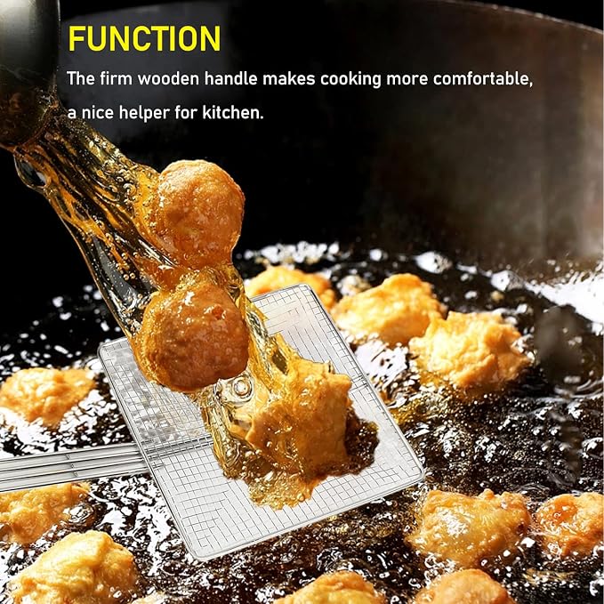 Square Strainer Skimmer, Stainless Steel Square Fryer Skimmer Ladle with Long Handle and Hanging Hook for Kitchen Deep Fryer, Pasta, Noodle(Thick mesh)