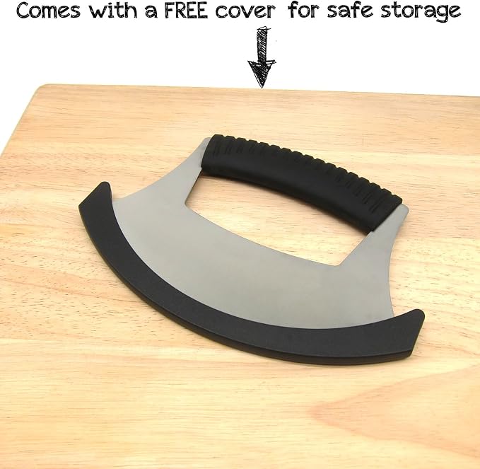 KAYCROWN Mezzaluna Knife Pizza Cutter Salad Chopper - Stainless Steel Sharp Rocker Ulu Knife with Protective Cover for Cutter Pizza, Meat, Vegetables, Herbs, Salad