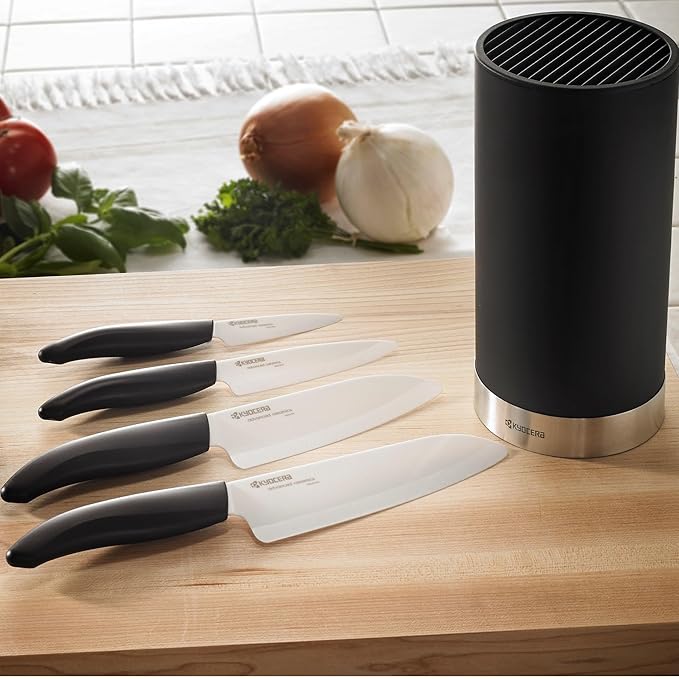 Kyocera KB-U-BK Universal Round Soft Touch Knife Block, 8.8" x 4.3", Black | KYOCERA Universal Knife Block: Compact, Round Storage for 6-8 Ceramic Knives, Removable Slotted Top, Dishwasher-Safe Design