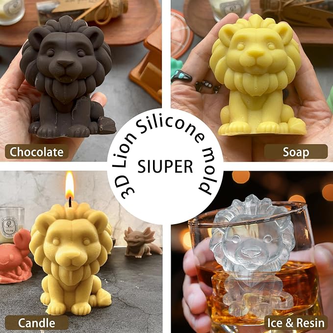 3D Lion Ice Cube Silicone Molds Tray for Whiskey, Cocktail, Drink, Bar; Rich Details. Fun Animal Mold for DIY Craft Taba Squishy Chocolate Soap Candle Resin Gift for Women Girls Boys; 2 Pack