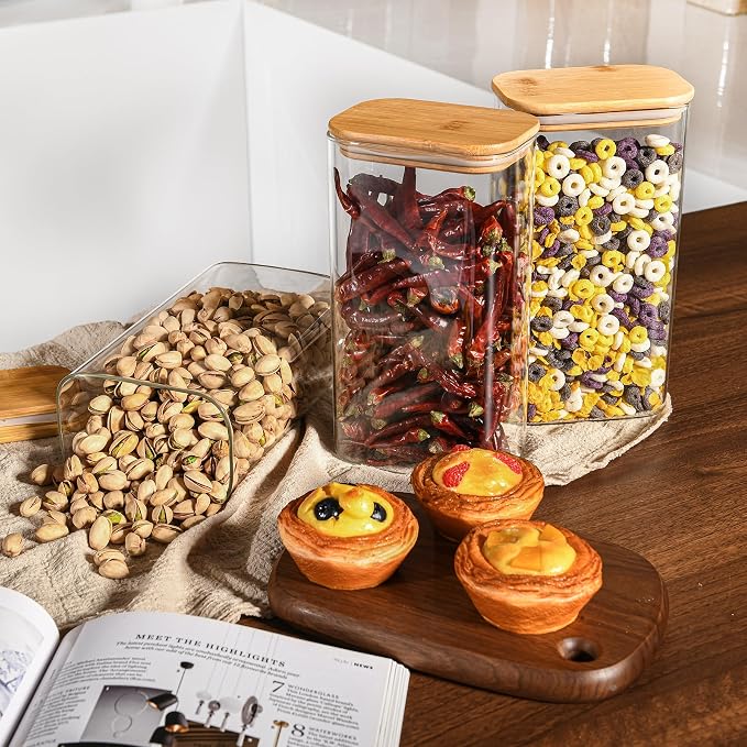 D2scrma 56oz Rectangle Airtight Glass Storage Containers with Bamboo Lids (Set of 4), Square Food Storage Jar, Pantry Organizers for Oats, Cereal, Pasta and Coffee beans (‎with Black Lable)